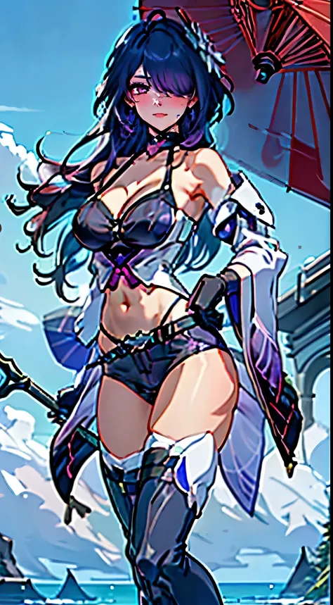 (masterpiece, best quality:1.2), 1girl, solo1girl black shorts black umbrella blue hair blue umbrella boots(4) breasts(9) coat(3) gloves(6) hair over one eye(4) holding(4) holding umbrella(2) jacket(5) long hair(10) looking at viewer(7) medium breasts nave...