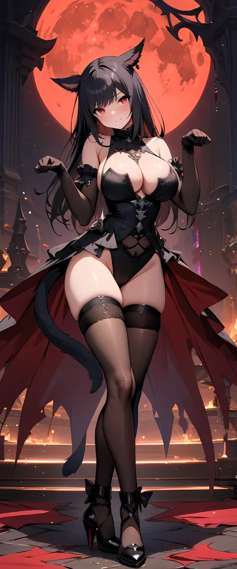 (masterpiece), best quality, expressive eyes, perfect face,1girl, bare shoulders,final fantasy xiv,miqote,cat girl,cat ears,cat tail,black elbow gloves,big breasts,[[[cleavage]]],(gothic lolita),full moon castle background,(night:1.1),sexy pose,bewitching ...