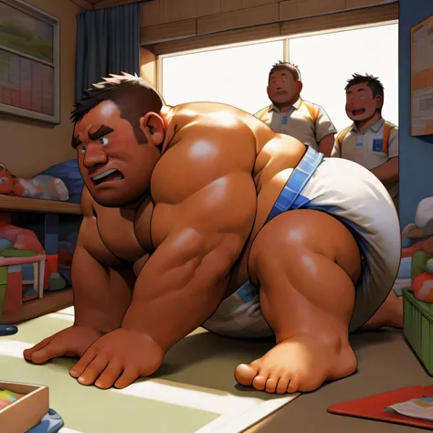 masterpiece, Top quality, in 32K, perfect anatomy, hyper detailed, super fine illustration, The thick man is a brutal prisoner, retarded, hairy human, 50yo in Japan, (fatness: 1.0), Fatty muscle, Bowleg, disappointment, incontinent, be diaper check by chil...