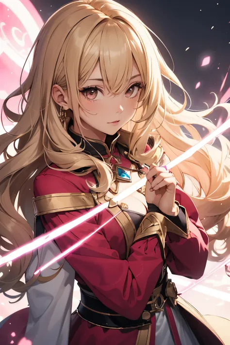 Ethereal blonde girl with curly long hair and brown eyes wearing a pink mage outfit and with pink light powers 