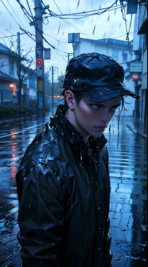 ( best quality,4k,8k,highres,masterpiece:1.2),ultra-detailed,(realistic,photorealistic,photo-realistic:1.37),rainy scene,stressed,outdoor,gloomy atmosphere,realistic droplets on the face,drenched clothes,dark colors,despair,desolation,loneliness,lost in th...