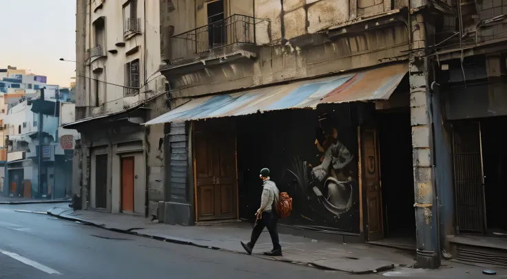 "A sad man passing by a deserted street in Estácio, Rio de Janeiro, with a mural (old wall) depicting torn hearts on an outdoor billboard. (best quality, highres), with ultra-detailed and realistic portrayal, showcasing the vibrant colors and bokeh effect....