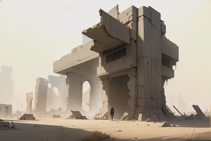 plowed building in the desert with sky background, futuristic ruins, futuristic estructures in ruins, huge giant ancient ruins, ruined alien structures, epic cinematic concept art, artes conceituais, unreal engine rendering concept art, dramatic conceptual...