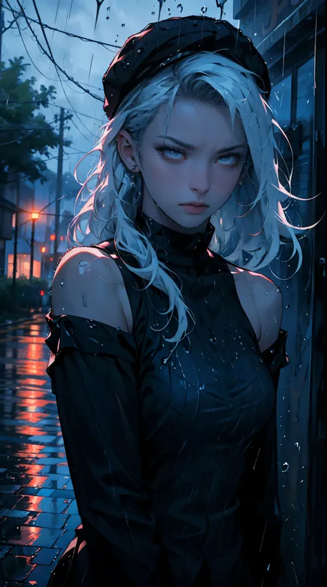 ( best quality,4k,8k,highres,masterpiece:1.2),ultra-detailed,(realistic,photorealistic,photo-realistic:1.37),rainy scene,stressed,outdoor,gloomy atmosphere,realistic droplets on the face,drenched clothes,dark colors,despair,desolation,loneliness,lost in th...