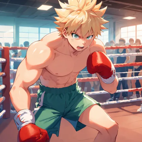 Bakugo Katsuki fighting Boxing, gym, Male, serious expression, One Piece.