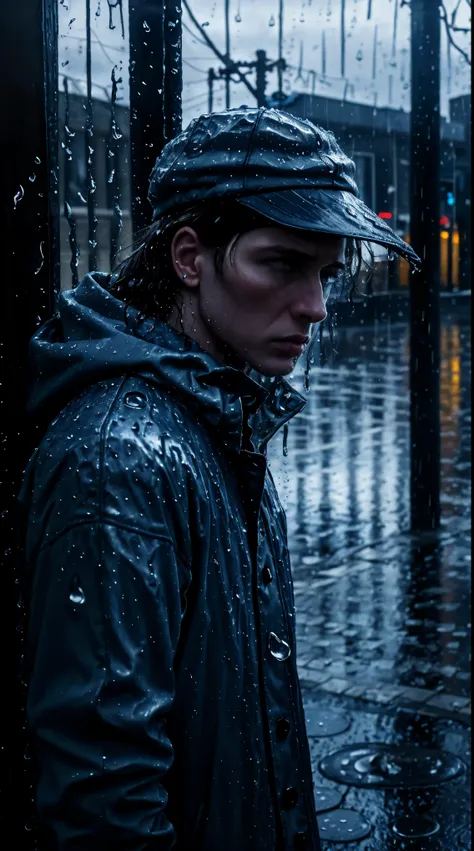 ( best quality,4k,8k,highres,masterpiece:1.2),ultra-detailed,(realistic,photorealistic,photo-realistic:1.37),rainy scene,stressed,outdoor,gloomy atmosphere,realistic droplets on the face,drenched clothes,dark colors,despair,desolation,loneliness,lost in th...