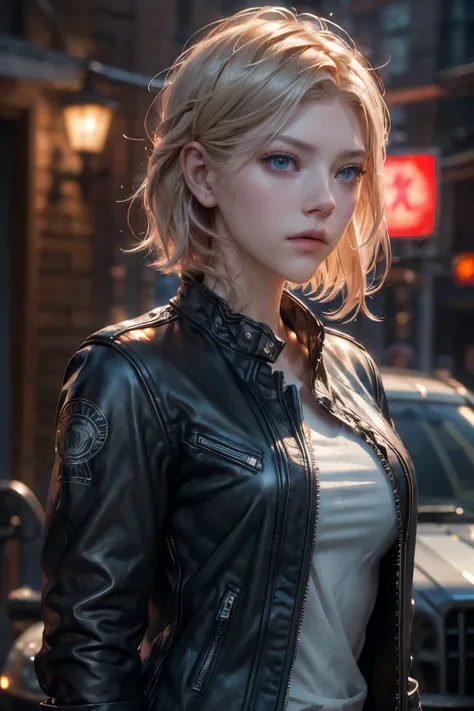 blonde short hair, vibrant blue eyes, white pale skin, ((Katheryn Winnick)), portrait, full leather clothes, biker clothes, thin nose, thin chin, dark night scene, motorclub, High detail RAW colored art, (detailed skin, skin texture), (muscle), intricate d...