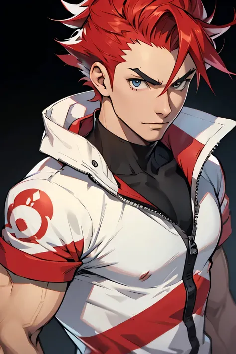 man, pokemon trainer, pokemon style, spiky red hair, white skin, strong