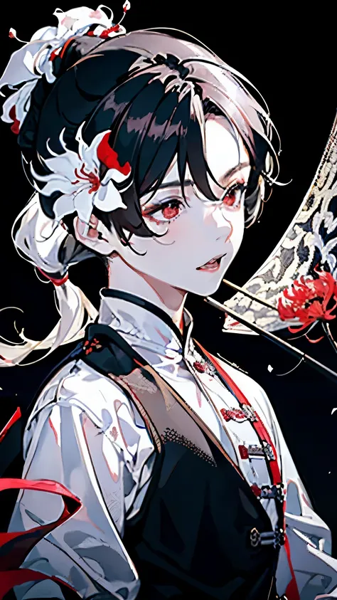 White clothes bring disaster to the world,(boy around 18 years old:1.5),Ancient Chinese style immortal clothing,(Long black hair ponytail:1.4),(Red spider lily:1.35),Close-up of face,(mask:1.2),(Long sword:1.3),