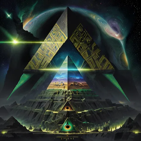 Masterpiece, full art, full color, paint, big green eye illuminati, (pyramide os délabrée illuminati), ossements, oeil qui voit tout, big brother, slice of pyramide, background univers, galaxy, chaos