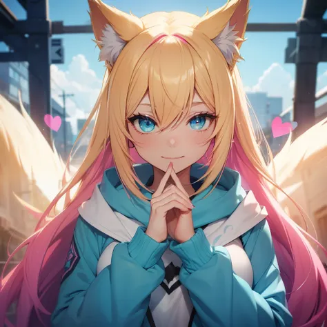 Ahri wearing cyan very large hoodie; blonde hair with pink details; beautiful detailed eyes; smiling face; longeyelashes; perfect eyes; perfect finger nails; her tails forming a heart shape behind her, standing on a sidewalk, sun shining, vivid colors, pho...