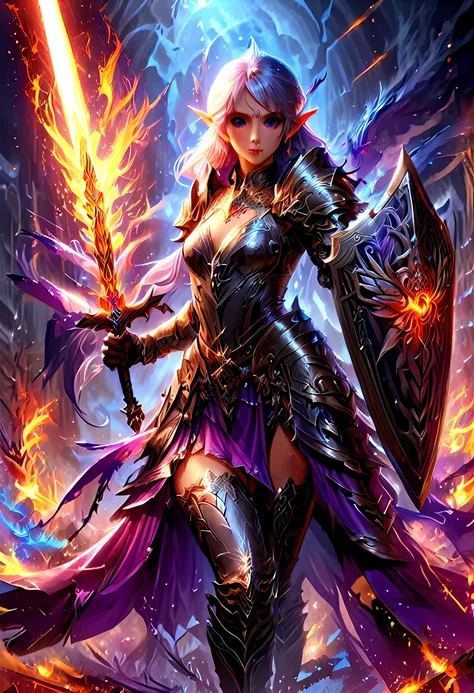 speedpainting a picture of a female elf (intense details, Masterpiece, best quality: 1.5) fantasy swashbuckler, fantasy fencer, armed with a slim sword, shinning sword, metallic shine, colorful clothes, dynamic clothing, an ultra wide shot, full body (inte...