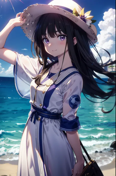 Takiuchi, Inoue Check, Long Hair, bangs, Black Hair, (Purple eyes:1.2),happy smile, smile, Open your mouth,smile,blush,Blue long skirt one-piece dress,No sleeve,Bare arms,Rocket Pendant,Cute Sandals,White hat,True Summer,Clear skies,So that the whole body ...