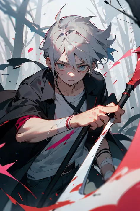 ((melhor qualidade)), ((obra de arte)), (detalhado), perfect face 12 year old boy with gray hair and torn clothes and cuts on his bleeding body holding a scythe with both hands and his scythe emitting a pink aura in the middle of the forest, sangrando muin...