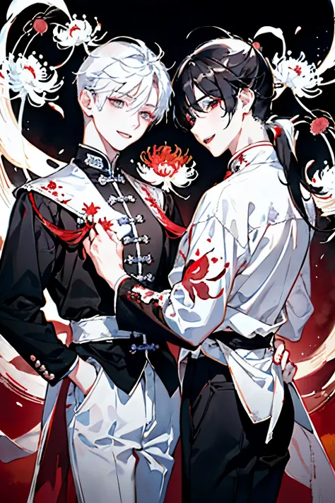 White clothes bring disaster to the world,(Two boys around 18 years old:1.5),(Dark Eyes:1.4),Ancient Chinese style clothing,(Long black hair ponytail:1.4),(Red spider lily:1.2),(Dancing beautifully:1.3),((Watercolor pattern background)),(Staring with a smi...