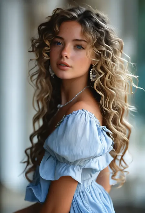 1girl, bellissima, blonde hair, blue eyes, blurry, blurry background, breasts, brown eyes, brown hair, curly hair, denim, dress,...