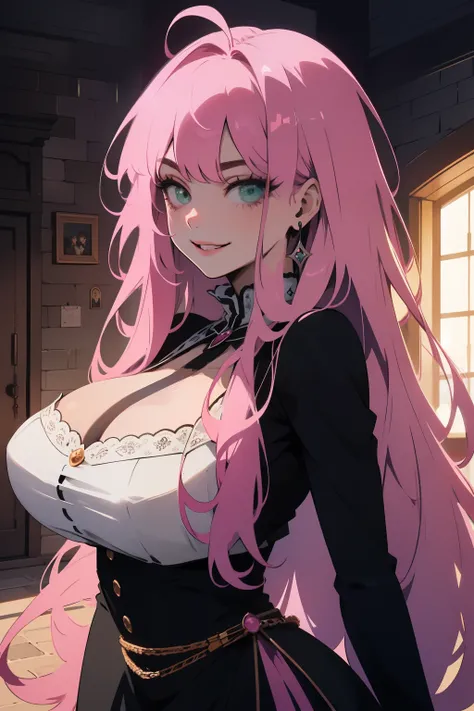 1girl, long hair, pink hair, green eyes,cocked eyebrow,masterpiece  , ultra detailed  , pixiv  , best shadows  , best lighting  , best quality, HDR, thick body, cute dress,portrait, (facing viewer), portrait, for the top, bully, big breast seductive smile