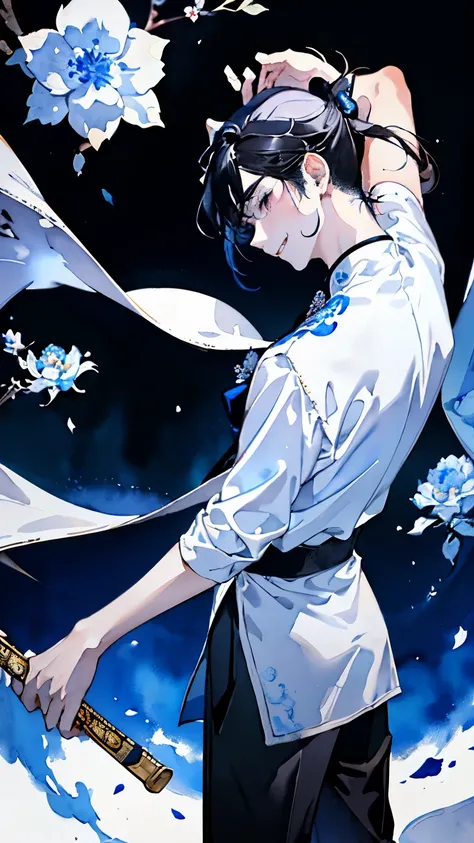 White clothes bring disaster to the world,(Two boys around 18 years old:1.5),(Dark Eyes:1.4),Ancient Chinese style clothing,(Long black hair ponytail:1.4),(Blue Higan Flower:1.2),(Dancing beautifully:1.3),((Watercolor pattern background)),(Staring with a s...