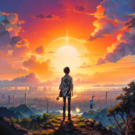 anime - style illustration of a man standing on a cliff overlooking a city, makoto shinkai cyril rolando, makoto shinkai. digital render, watching the sun set. anime, makoto shinkai!, makoto shinkai art style, ( ( makoto shinkai ) ), in style of makoto shi...