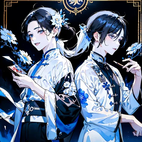 White clothes bring disaster to the world,(Two boys around 18 years old:1.5),(Dark Eyes:1.4),Ancient Chinese style clothing,(Long black hair ponytail:1.4),(Blue Higan Flower:1.2),(Dancing beautifully:1.3),((Watercolor pattern background)),(Staring with a s...