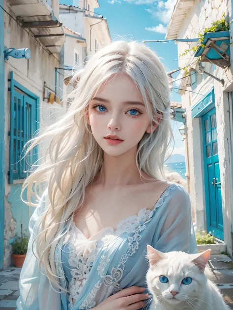 
"Highest quality, like a photograph,High quality, 8k resolution",A beautiful 19-year-old girl with a cute cat,Very elegant and futuristic fashion,Generate a photorealistic image that captures a breathtaking scene by the azure sea,The girl should have ethe...