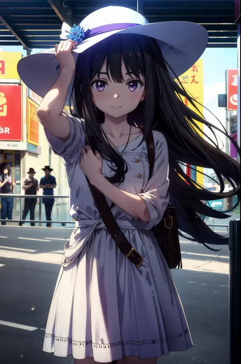 Takiuchi, Inoue Check, Long Hair, bangs, Black Hair, (Purple eyes:1.2),happy smile, smile, Open your mouth,smile,blush,Blue long skirt one-piece dress,No sleeve,Bare arms,Rocket Pendant,Cute Sandals,White hat,True Summer,Clear skies,So that the whole body ...