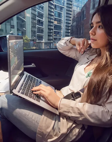 As the car speeds through busy urban streets, a young entrepreneur is immersed in her study of digital marketing. Sentada no banco traseiro, ela equilibra habilmente seu laptop no colo, with the bright screen displaying a variety of market strategies and a...