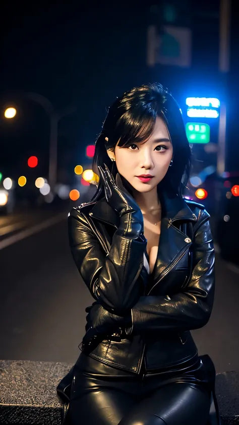 black leather rider jacket, Office in the Dark, Black leather gloved fingertips on both hands,Wearing black leather gloves,Sitting in a black leather chair、 Japanese female new recruits (Black leather gloves cover both hands) (The angle is horizontal)、Blac...