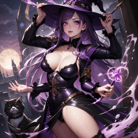 woman, beautiful, witch, purple hair, purple eyes, wand, cats, chest with clothes