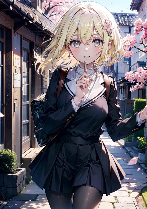 アイスWallenstein, Wallenstein, Blonde, Hair between the eyes, hair band, Long Hair, (Yellow Eyes:1.5),happy smile, smile, Open your mouth,smile,blush,Black Sailor Suit,Black pleated skirt,Black Pantyhose,Brown Loafers,morning,morning陽,The sun is rising,Cherr...