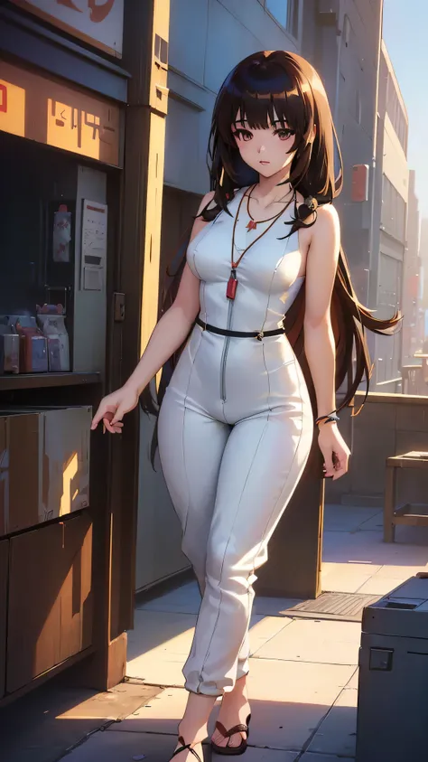  ((Anime girl with brown hair hair and white dress with necklace, beautiful character painting, soft anime computer graphics, realistic anime art, beautiful anime woman, Cyberpunk, futurism, tight jumpsuit, anime girl rendering, Makoto Shinkai and Artgerm,...