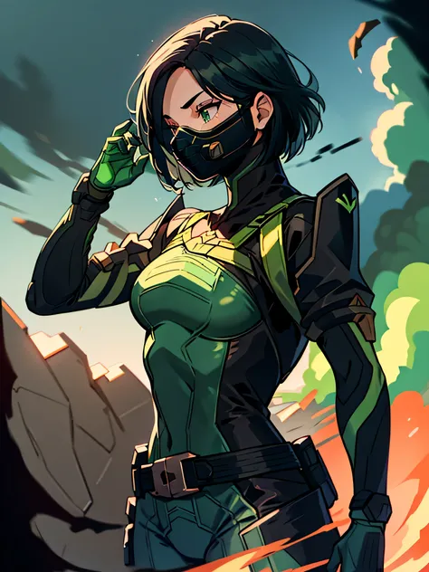 masterpiece, best quality, valorantViper, green eyes, bodysuit, gloves, belt, respirator, front view, green smoke, darkness, smoke, night, grey skies, ocean 