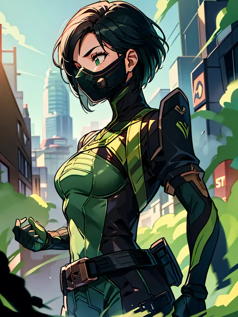 masterpiece, best quality, valorantViper, green eyes, bodysuit, gloves, belt, respirator, from side, green smoke, darkness, smoke, city streets, grey skies, ocean 