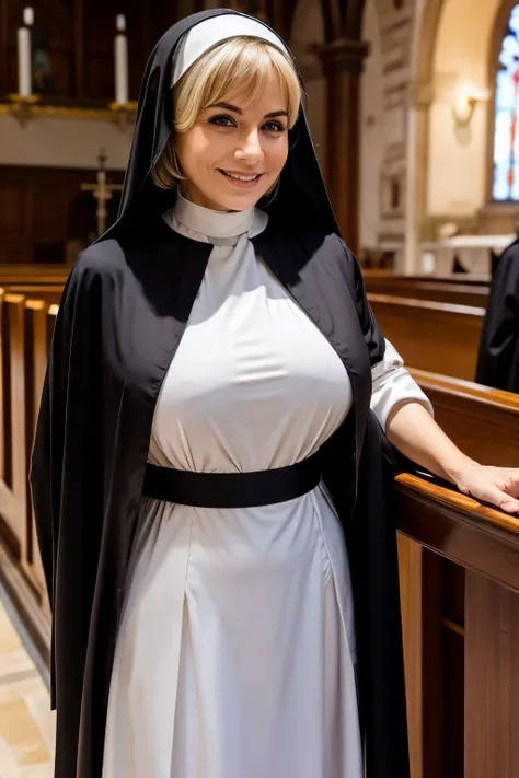 Mature Italian Woman、Blonde、With bangs、blue eyes、smile、Nun、Large saggy breasts、Sexy Body、Monastic uniform、At church