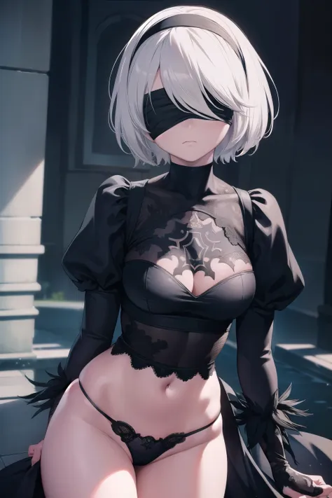 2b, 2b, (black blindfold:1.5), black hairband, blindfold, hairband, short hair, white hair, angry face. 
break hairband, robot, ...