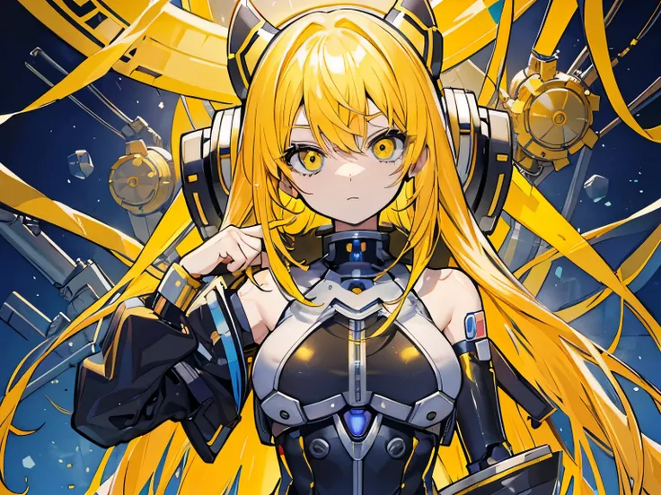 Cute robot girl, Yellow Hair, Long Hair, Shiny Hair, Mechanical, Expressionless, Mr.々A pose