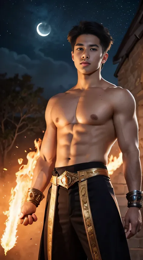 A asian boy like Mighty Archangel Michael,19 years old, handsome, Full Body Shoot, Short Quiff hairstyle, (eyes contact), look at camera, detailed facial parts, Manly, with a muscular constitution :: high detail, is in battle armor, flaming blue sword of g...