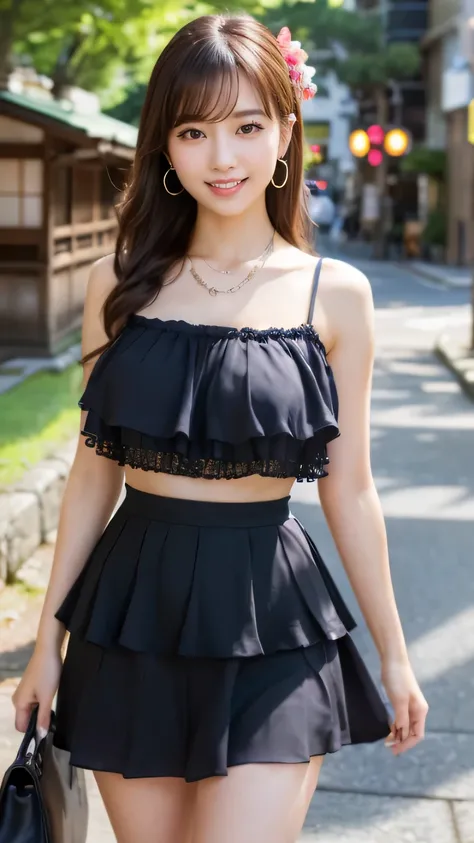 (realistic, photo-realistic:1.4), (extremely detailed 8k wallpaper), bokeh, detailed beautiful eyes and skin, (Image from thighs to head:1.3), (Japanese idol:1.3), 25yo, beautiful woman, smile, (large breast:1.2), full body, 
Ruffled chiffon skirt, sleevel...