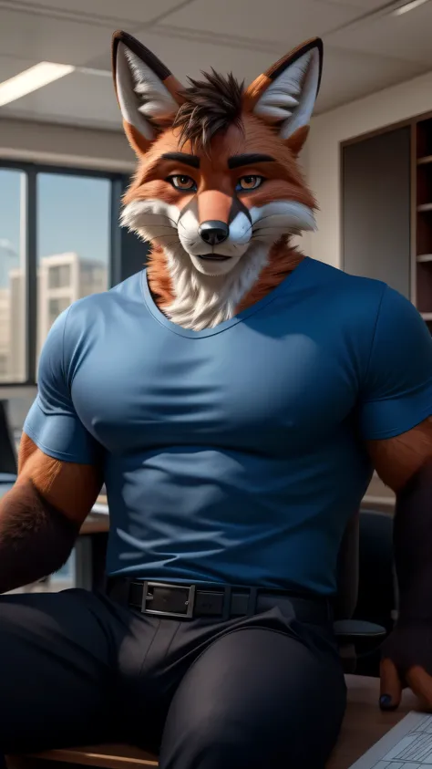 a fursuit Fox male muscular adult a handsome director alone in the office looks like he is very horny and that it is very playing wearing a black suit blue long pants and a blue t-shirt sitting on the table looking at the viewer is it possible not to fall ...