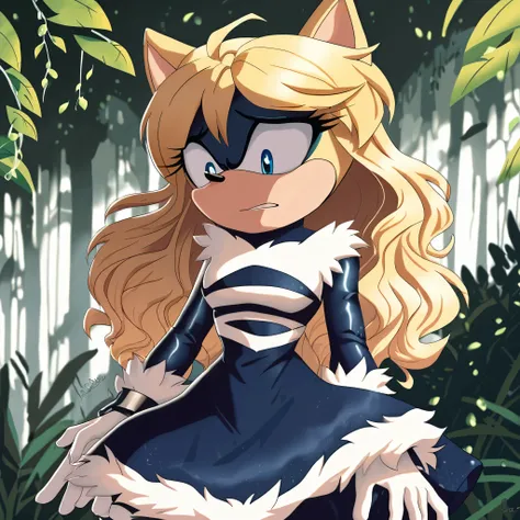 score_9, score_8_up, score_7_up, ((Masterpiece)), high quality, studio quality, 1girl, Female, mobian, ((hedgehog)), 1girl, solo, forest background, blonde fur, long hair, blue irises, hair bangs, beautiful young woman Venomized, long strabarry blonde hair...