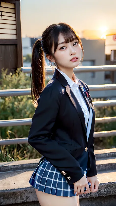 (Beautiful and detailed skin,Perfect Anatomy),At dusk,Sunset sky,14 years old,cute,Black Hair,ponytail, full body shot, Beautiful detailed girl, Highly detailed face, Detailed beautiful eyes, ((Japanese Girls, High , School Blazer:1.5)), City stairs、lookin...