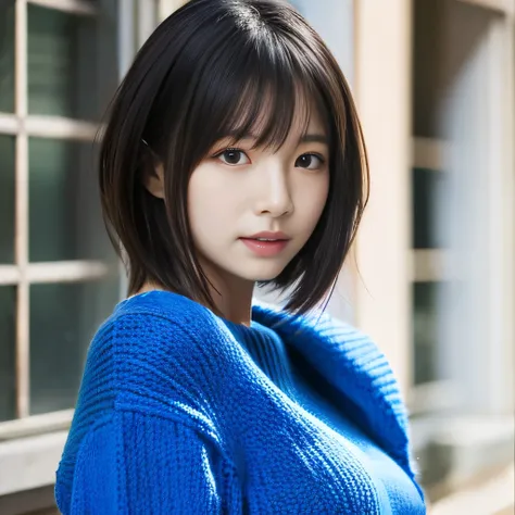 High resolution, Japanese women、20th Generation、short hair、Black Hair、The inside color is blue、sweater、Upper Body