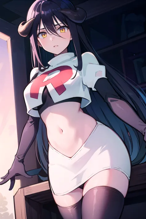 albedow, albedowings, medium breasts, long black hair, yellow eyes, looking at viewer, parted lips, cowbot shot, team rocket,team rocket uniform,white skirt,red letter R,crop top,black thigh-highs