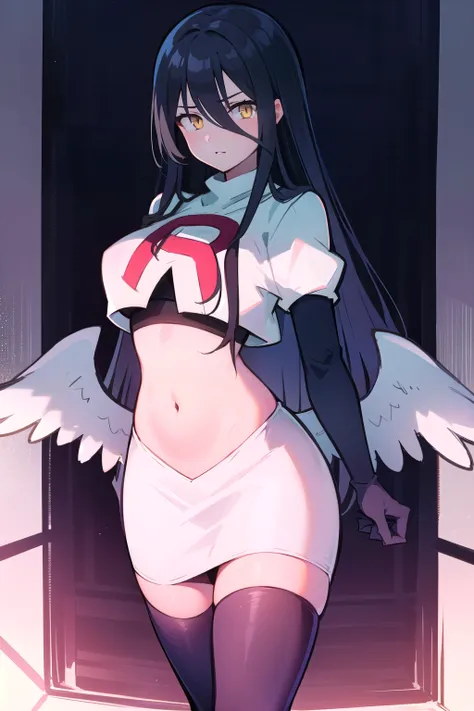albedow, albedowings, medium breasts, long black hair, yellow eyes, looking at viewer, parted lips, cowbot shot, team rocket,team rocket uniform,white skirt,red letter R,crop top,black thigh-highs