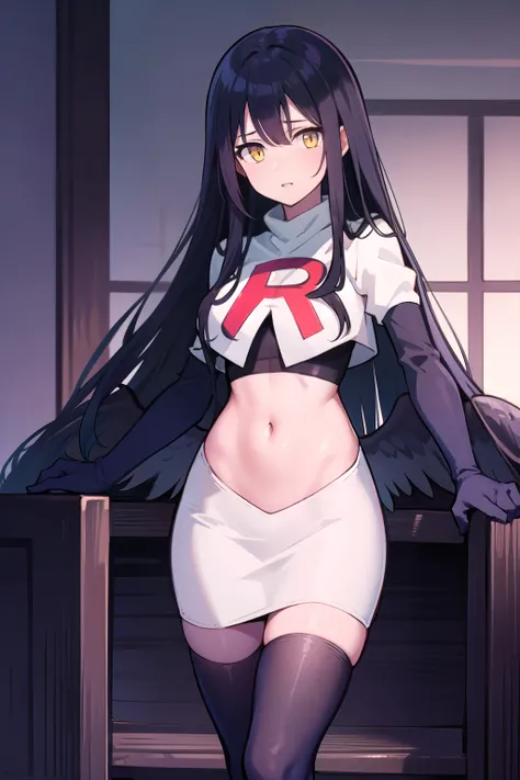 albedow, albedowings, medium breasts, long black hair, yellow eyes, looking at viewer, parted lips, cowbot shot, team rocket,team rocket uniform,white skirt,red letter R,crop top,black thigh-highs