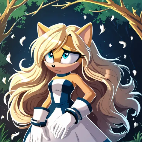 score_9, score_8_up, score_7_up, ((Masterpiece)), high quality, studio quality, 1girl, Female, mobian, ((hedgehog)), 1girl, solo, forest background, blonde fur, long hair, blue irises, hair bangs, beautiful young woman Venomized, long strabarry blonde hair...