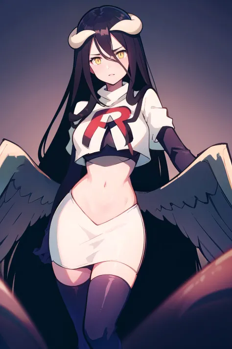 albedow, albedowings, medium breasts, long black hair, yellow eyes, looking at viewer, parted lips, cowbot shot, team rocket,team rocket uniform,white skirt,red letter R,crop top,black thigh-highs