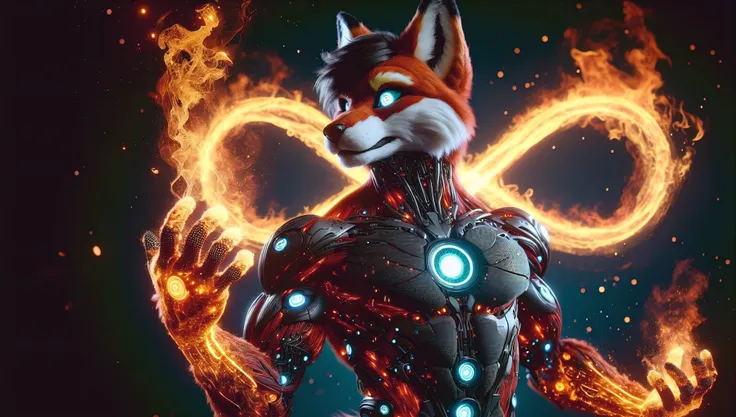 A fursuit fox male muscular sexy majestic phoenix reborn from digital ashes in a blaze of holographic flames an infinity symbol in the background 3D Unreal Engine 9 