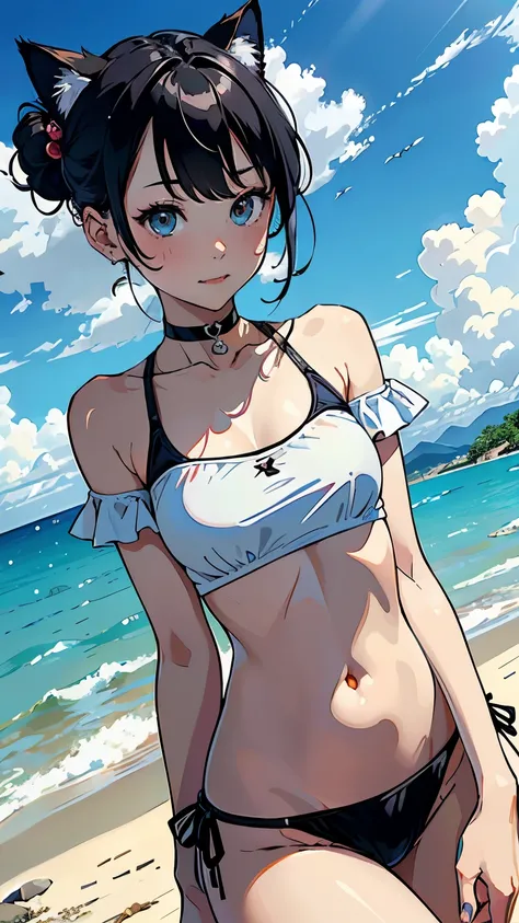 (highest quality, masterpiece, High resolution)、(Anime Art)、,Cinematic Light、Soft Light、(One girl)、Black Hair、(Swimwear)、(bikini)、Colorful design、loose t-shirt、Off the shoulder、Cute and sexy、Cat ear、Bobcut、semi-long、Hair Bun、hair ornaments、choker、Captivati...