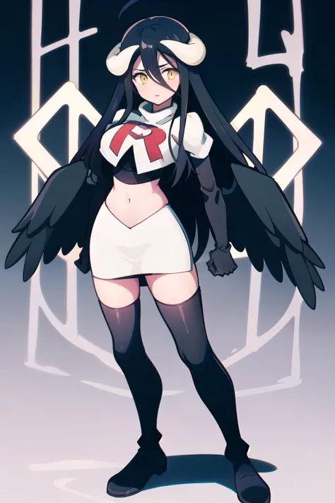 albedow, albedowings, medium breasts, long black hair, yellow eyes, looking at viewer, parted lips, cowbot shot, team rocket,team rocket uniform,white skirt,red letter R,crop top,black thigh-highs